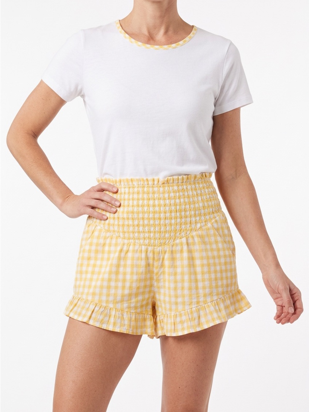 Sincerely Jules M High Waist Yellow White Gingham Paperbag Ruffle Smocked Shorts